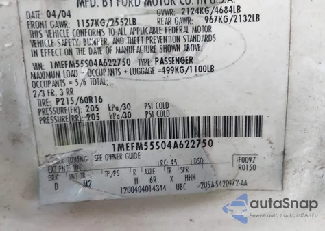 2004 Mercury Sable Ls Premium z USA, uszkodzony, nr VIN 1MEFM55S04A622750